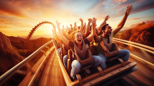 People are screaming with joy while riding the roller coaster at sunset day AI generated image