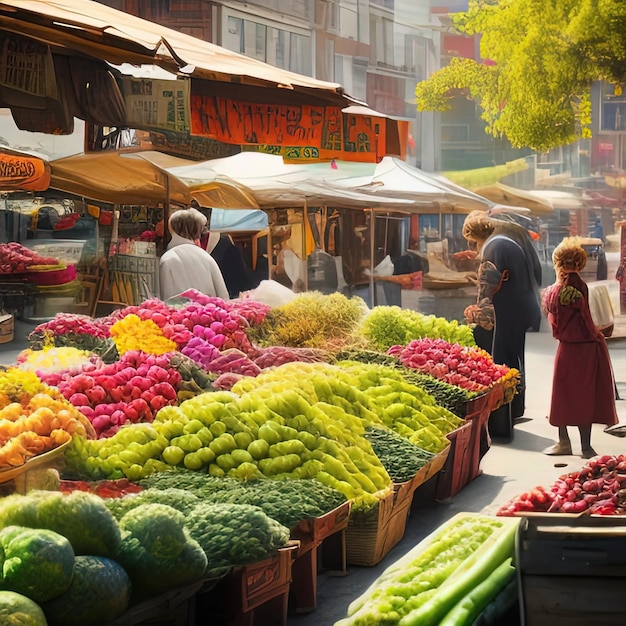 사진 사람들은 많은 과일과 채소가 있는 시장에서 쇼핑을 하고 있습니다.