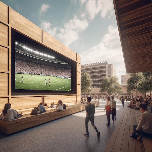 People are sitting on benches watching a soccer game on a big screen generative ai