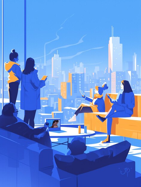 people are sitting on couches in a large room with a city view generative ai