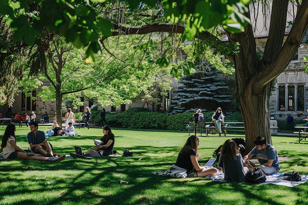 Foto people are sitting on the grass and reading books