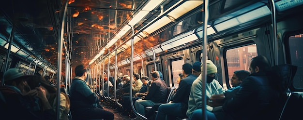 people are sitting on the subway car in the style of overexposure effect