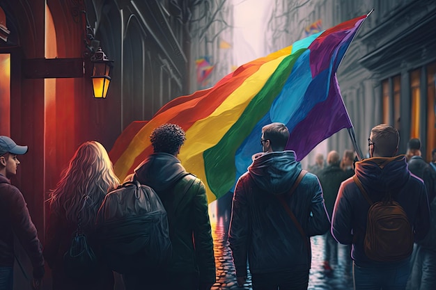 プライドデーには虹色の LGBTQ プライド フラグの前に人々が立っています。