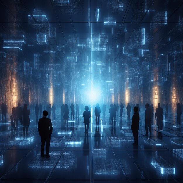 People are standing in a futuristic room with a lot of lights generative ai