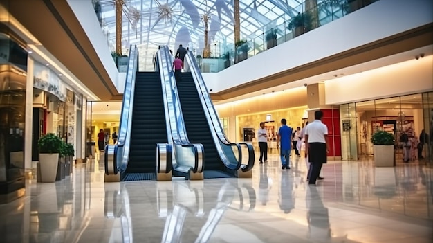 People are walking around a mall with escalators and stairs generative ai