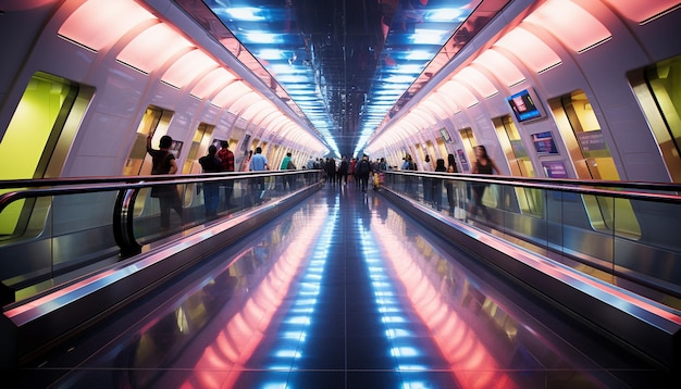 写真 人々が地下鉄駅のエスカレーターを下りて歩いている