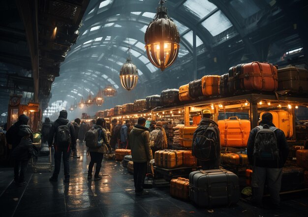 Люди проходят через железнодорожный вокзал с багажем на земле.