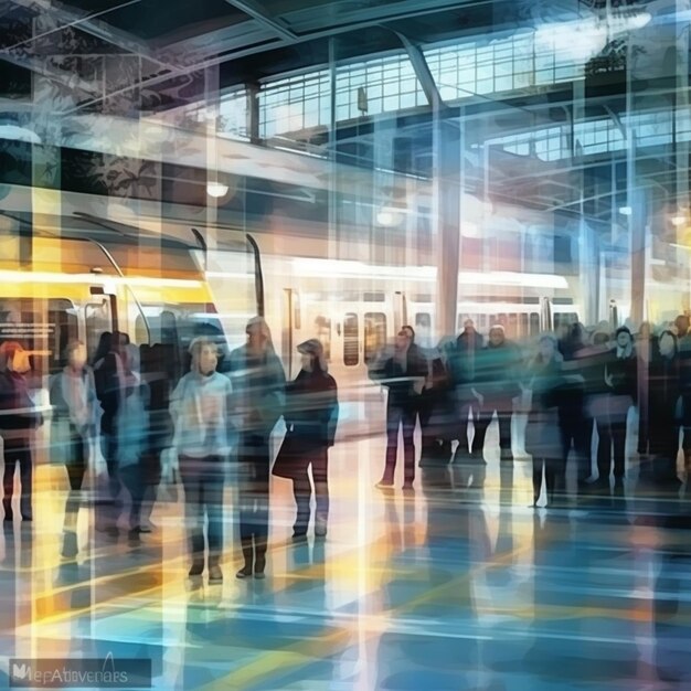 People are walking in a train station with a blurry image of a train generative ai