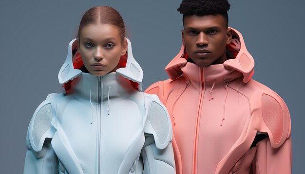 people are weating futuristic fashion clothes in the future