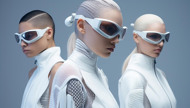 Foto le persone indossano abiti di moda futuristici in futuro