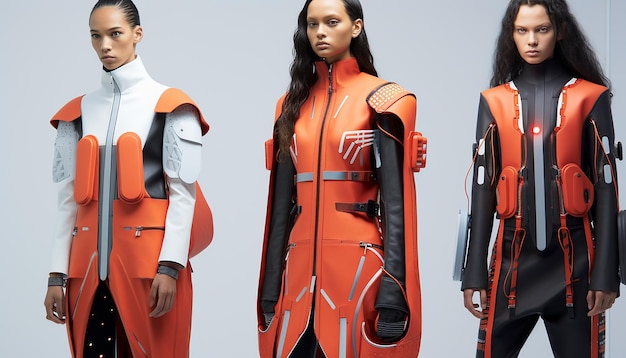 Foto le persone indossano abiti di moda futuristici in futuro