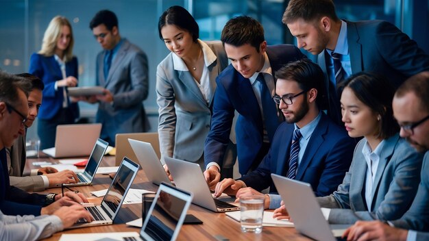 People are working on the project man and women in suits sitting at the table