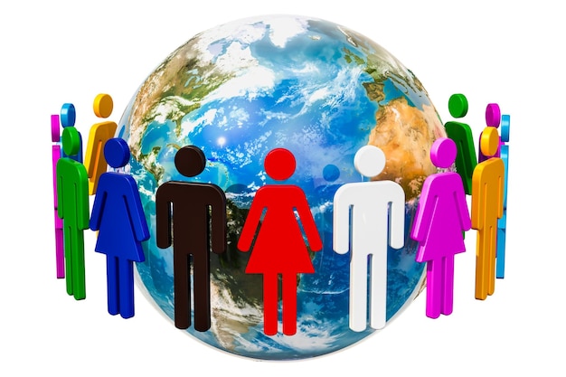 People around the Earth Globe 3D rendering