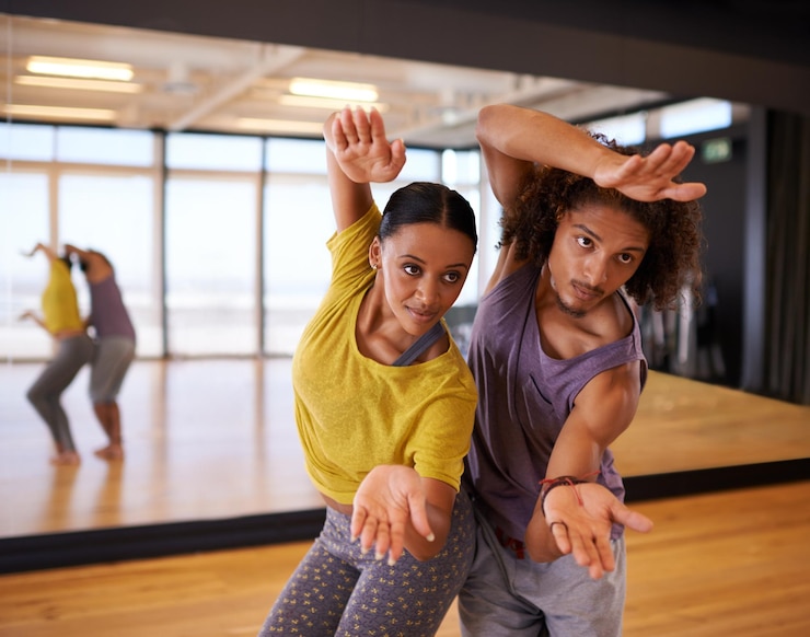 Photo people ballet and dance practice in studio performance and training together for rehearsal partners competitive and movement for recital team and artists for collaboration in creative routine