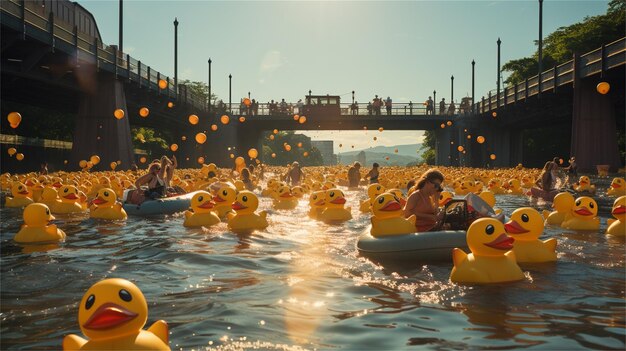 Photo people bathe in inflatable yellow rubber ducks on the river kamchatka