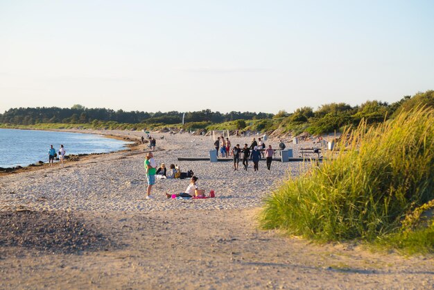 People at beach against clear sky