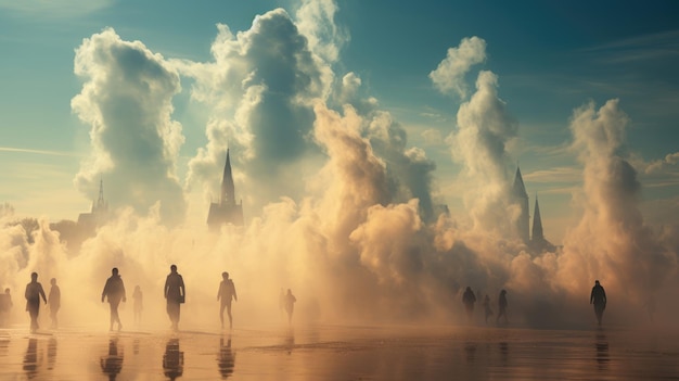 people on the beach made of clouds Generative Ai