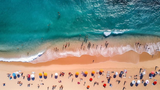 people on the beach and sea waves top view taking by drone summer vibes on beach