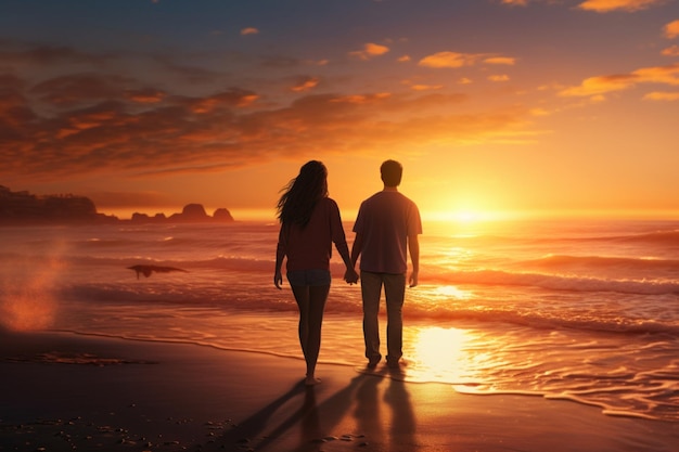 People on a beach with the sun setting behind them