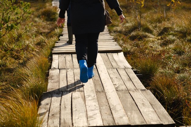 Photo people in boots walk along a wooden path in a swamp in yelnya belarus