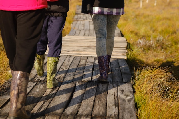 Photo people in boots walk along a wooden path in a swamp in yelnya belarus