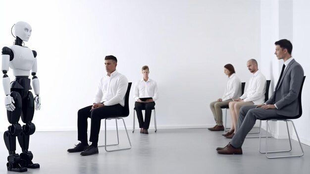 ビジネスの人々とヒューマノイド 座っているロボットが就職インタビューを待っています