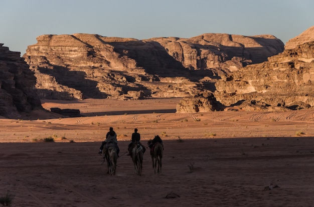 Foto la gente sui cammelli attraversando la tempesta del deserto