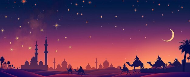 달 아래 낙타를 타고 있는 사람 들 은 별 들 을 가진 밤 하늘 에서 배경 에 모스크 의 실루 을 볼 수 있다