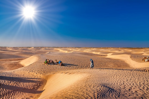 People and camels in Sahara desert Tunisia North Africa