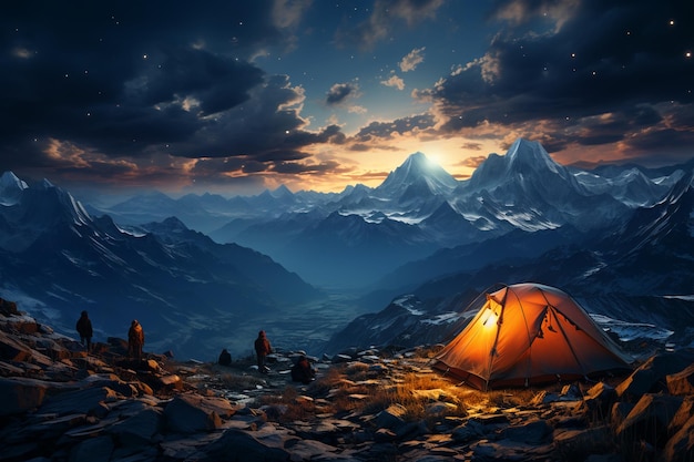 people in the camp tent in mountainscamping conceptstarrry sky