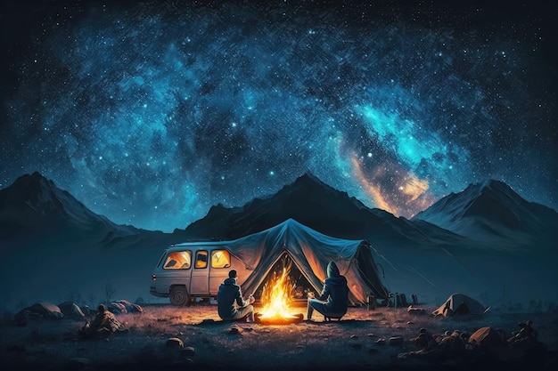 People camping in tents under a beautiful starry sky ai generated