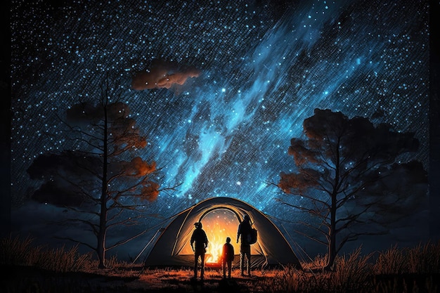 아름다운 별빛 하늘 아래 텐트에서 캠핑하는 사람들이 인공지능으로 생성되었습니다.