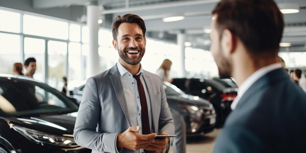 Foto persone di venditore di auto in concessionaria di auto