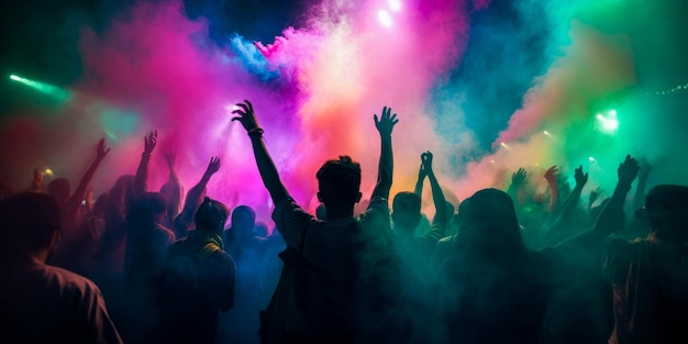 People celebrating at a party with holi colors