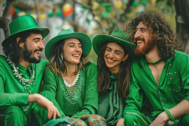 Foto persone che festeggiano la giornata di san patrizio indossando abiti e accessori verdi ai generativa