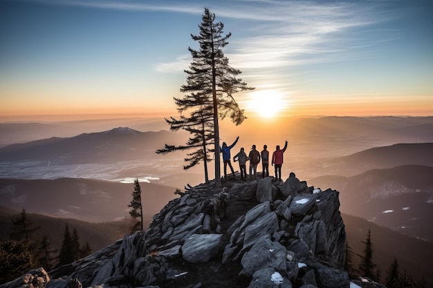 Photo people celebrating their success on a mountaintop