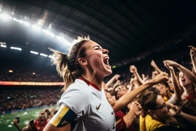 People cheer up in the gallery after a winning football match