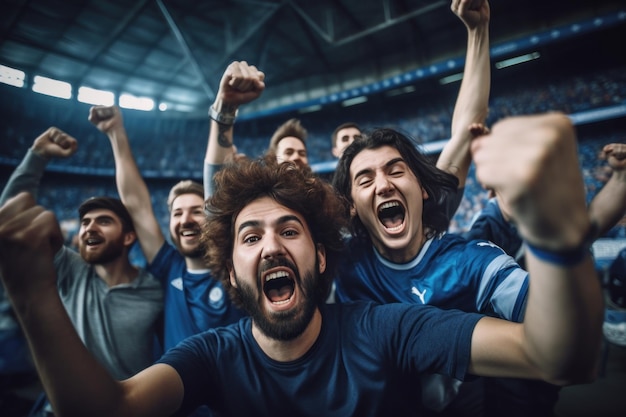 A people cheering for sports and the crowd cheering and shouting joyfully in the football field