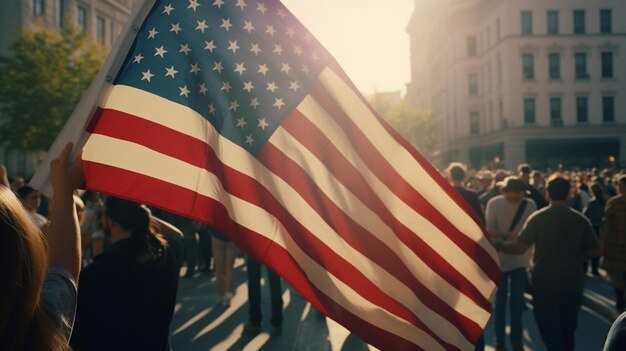 Photo people cheering with american flag in the street