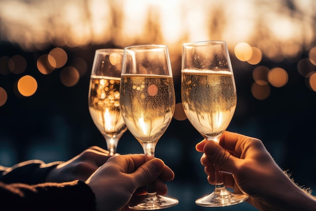 People cheers making toasts with wine and champagne glasses at a party warm evening indoors