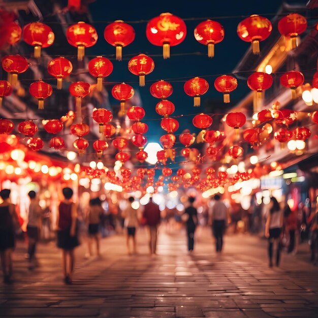 People in Chinese new year festival with red lantern and golden decoration