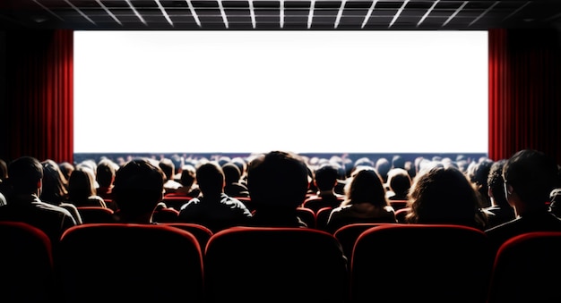 People in the cinema auditorium with empty wide white screen