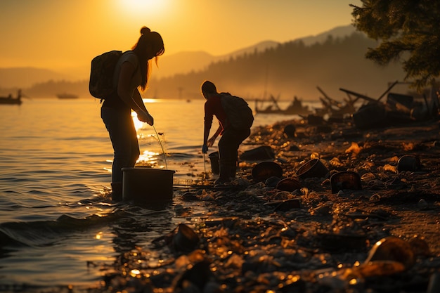 海岸のプラスチックゴミを掃除する人々