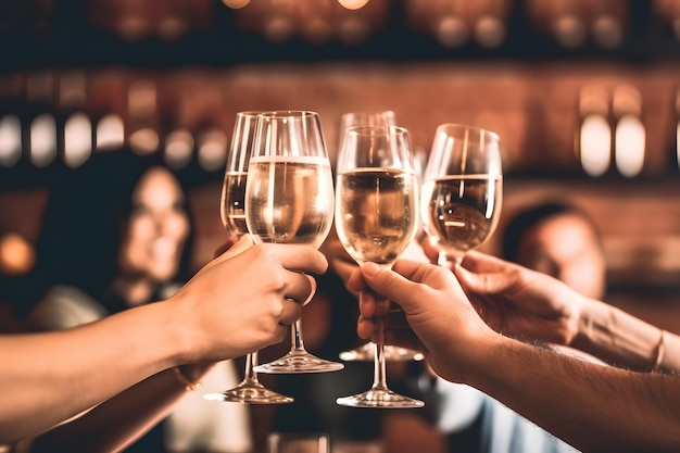 People clinking glasses with white wine at restaurant