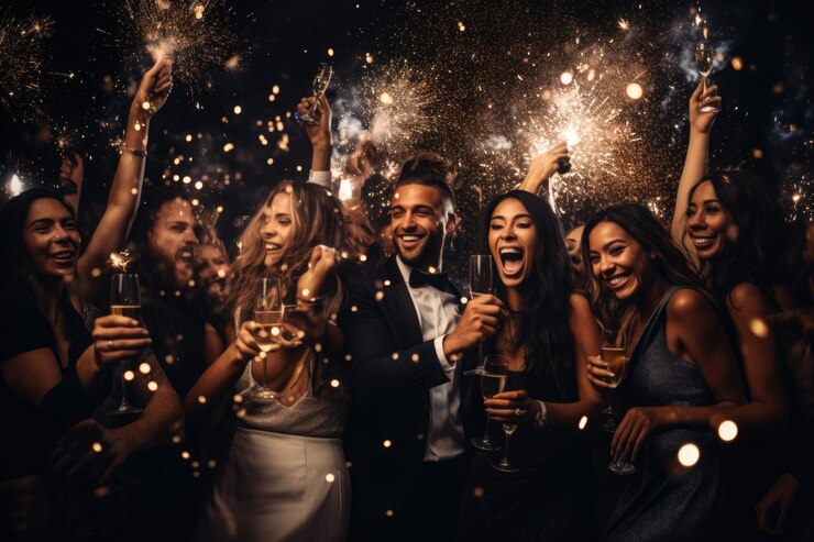 Photo people in clubbing party celebrating confetti falling