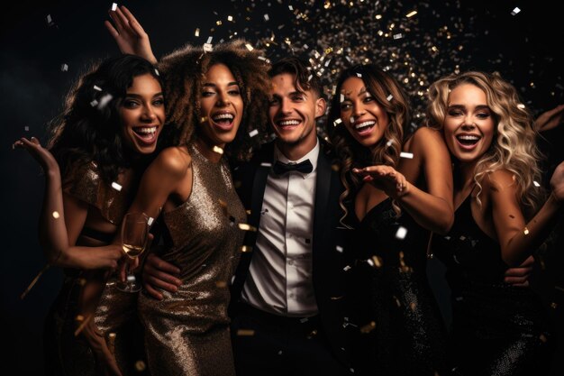 People in clubbing party celebrating confetti falling