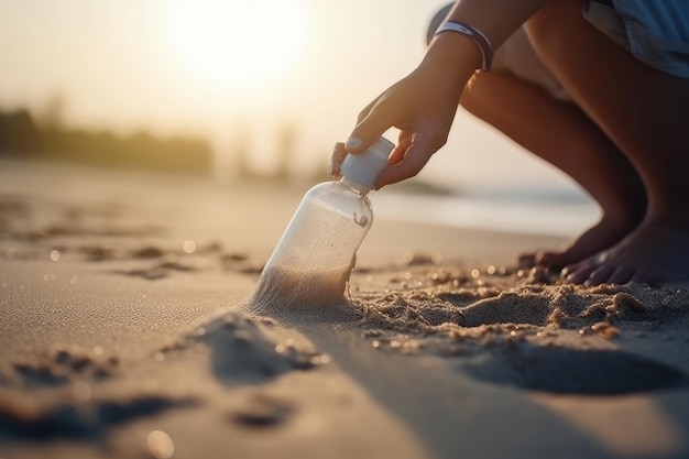 People collecting plastic bottles cleaning on the beach