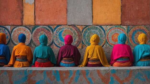 people in colorful clothes look at wall paintings