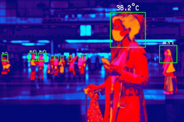 Foto persone in una scansione termica colorata con temperatura in gradi centigradi