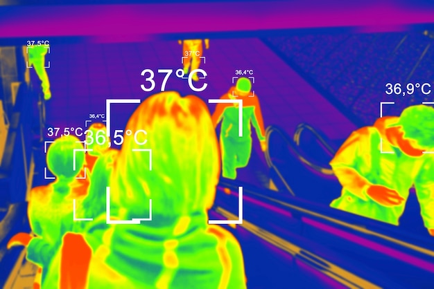 Foto persone in una scansione termica colorata con temperatura in gradi centigradi